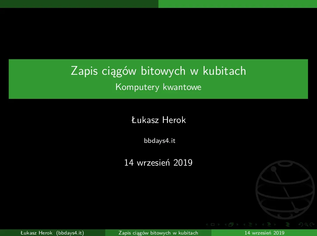 Title slide of the presentation "Storing bitstrings in qubits", BBdays4 IT, 14 September 2019