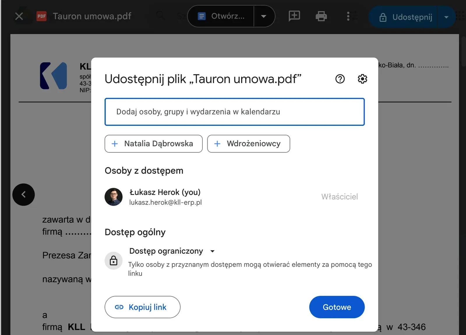 Udostępnianie umowy